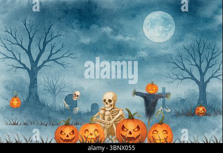 Halloween-Friedhof mit Skelett und Kürbissen bei Vollmond – gruselige Nachtszene Stockfoto