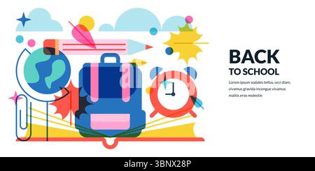 Vektor geometrische flache Illustration von offenem Buch, Rucksack, Wecker, Globus und Herbstlaub. Back to School mehrfarbige Banner oder Poster Desig Stock Vektor