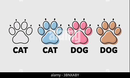 Katzen- und Hundepfoten drucken Symbole in Umrissen, Blau, Pink und Braun mit Text Stock Vektor