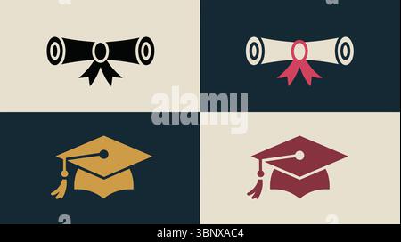 Graduierungskappe und Diplom-Symbol in verschiedenen Stilen und Farben Stock Vektor