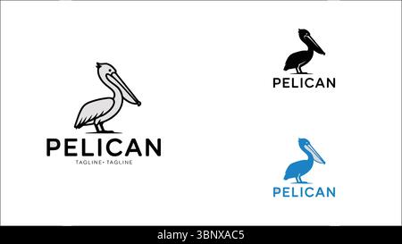 Pelican Bird Logo in Umrissen, Schwarz und Blau mit Text für das Branding Stock Vektor