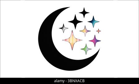 Schwarzer Halbmond mit bunten Sternen in verschiedenen Größen auf weißem Hintergrund Stock Vektor