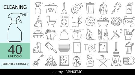Ein Satz von 40 Symbolen für Reinigungslinien in minimalistischem Stil mit bearbeitbarem Strich. Hygienewerkzeuge, Haushaltsreinigungsgegenstände, Sanitärgeräte, Haushalt Stock Vektor
