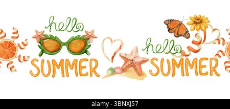 Hello Sommer nahtlose Grenze mit tropischen Seesternen und Schmetterlingen. Handgezeichnetes Aquarell mit leuchtendem Orange und Grün. Perfekt für Urlaubskarte Stockfoto