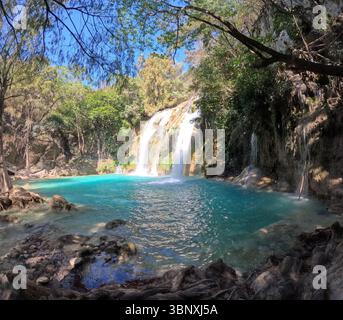 Cascadas de El Chiflon, Chiflon Wasserfälle, Centro Ecoturistico Cascadas el Chiflon, Chiapas Bundesstaat Mexiko in der Nähe der Grenze zu Guatemala, Panorama Landsc Stockfoto