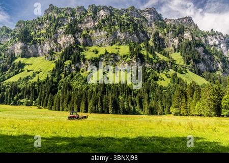 Ein Traktor mäht eine blühende Bergwiese auf der Gerschnialp in Engelberg, Kanton Obwalden, Schweiz. Die Heuernte findet vor dem Hintergrund schroffer Felswände der Schweizer Alpen statt, wobei den Fuß der Berge ein dichter Nadelwald säumt. Stockfoto