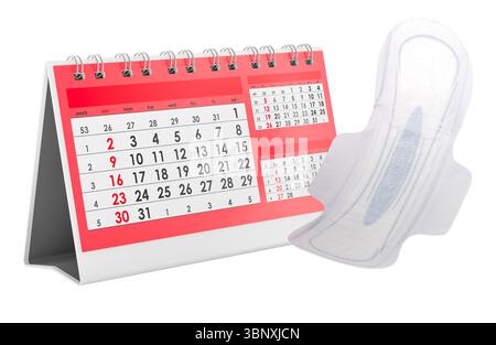 Schreibtischkalender mit Sanitärunterlage. Menstruationszyklus, weibliche Gesundheit und Periodenverfolgung. 3D-Rendering isoliert auf weißem Hintergrund Stockfoto