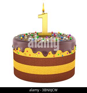 Geburtstagskuchen mit Kerze Nummer eins, Kuchen mit Schokoladenglasur und bunten Streuseln. Ursprüngliches 3D-Rendering. KEINE KI auf weißem Hintergrund isoliert Stockfoto