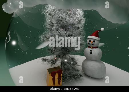 3D-Darstellung von Schneekugel mit Schneemann, Baum und Geschenken Stockfoto
