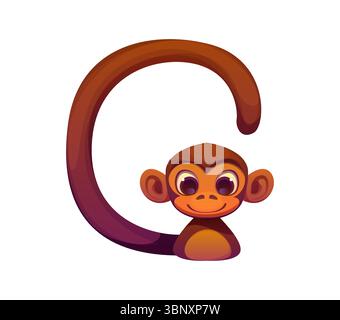 Cartoon-Buchstabe G Zirkusschrift als lustiger Affe mit langem Schwanz. Vektor Retro Fasching Schriftart, Unterhaltungsart, Kinder englisches Alphabet. ABC Typografie Affen Tier Charakter für lustige Kinder Bildung Stock Vektor