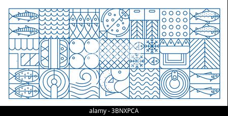 Meeresfrüchte und Fisch geometrisches Muster in modernen Linien Mosaikformen, Vektor-Hintergrund. Fisch- und Meeresfrüchte-Muster in blauen, dünnen geometrischen Formen von Lachs und Thunfisch, Flunder und Makrelen-Kaviar Stock Vektor