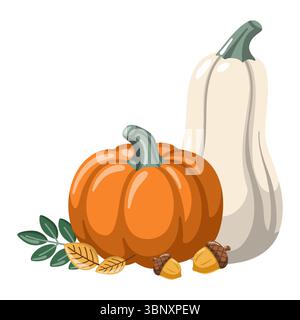Saisonales Herbstobjekt für Thanksgiving mit Kürbissen und Laub. Cartoon Herbstvektor Illustration auf weißem Hintergrund Stock Vektor