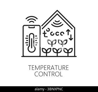 Temperaturregelung in Smart Farming Line Symbol, Landwirtschaftstechnologie Vektorschild mit Thermometer auf einem mobilen Gerät und Gewächshaus mit Pflanzen. Automatische Klimaüberwachung und -Anpassung Stock Vektor