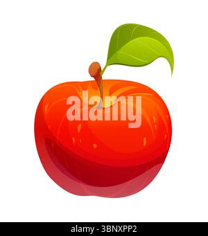 Cartoon rohe reife rote Apfelfrucht. Isolierter Vektor ganze saftige Pflanze mit einer lebendigen Rubinschale, grünem Blatt, süßem Geschmack und knackiger Textur. Erfrischender und nahrhafter Snack. Gesunde Gartenvitaminkost Stock Vektor