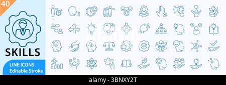 Symbolgruppe Soft Skills. Kommunikation, Empathie und mehr zu kontrollieren. Liniensymbole Vektorsammlung. Bearbeitbare Kontur. Stock Vektor