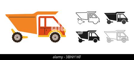 Cartoon-Set mit Symbol für LKW-LKW-Symbole. Handgezeichnetes Farmers-Lkw-Auto im Retro-Stil in verschiedenen Stilen, farbige Silhouette Outline Kollektion. Einfache lustige Auto Transport Comic Icon Vektor Illustration Stock Vektor