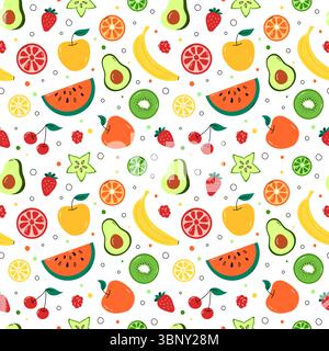 Fruchtmuster. Nahtloser Vektor-Hintergrund mit einfachen bunten Früchten und Beeren, Scheiben von Zitrone, Kiwi, Wassermelone. Äpfel, Erdbeere, Avocado und Stock Vektor