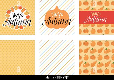 Setzen Sie die Herbstbanner. „Hello Autumn“-Design mit Kürbissen, perfekt für saisonale Grußkarten, Banner und Poster oder Herbstprojekte Stock Vektor