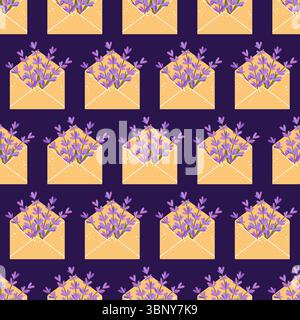 Dunkles nahtloses Muster mit Lavendelzweigen in Umschlägen, lila und gelb, perfekt für botanische, Spa-, Blumen- oder Wellness-Designs. Stock Vektor