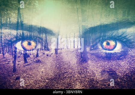 Surreale, flache Illustration, die mit Blättern verstreuten Wäldern, die mit bernsteinfarbenen Augen verschmelzen, die sich in ein Baldachin verwandeln Stockfoto