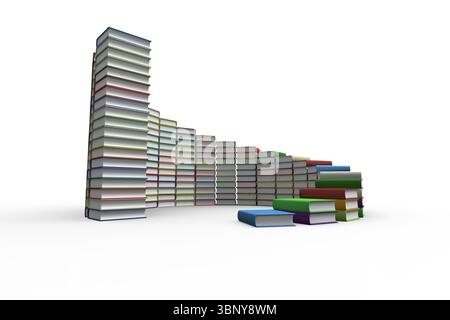 Flache Designabbildung, die Hardcover-Bücher zeigt, die eine geschwungene Wand auf weißem Hintergrund bilden Stockfoto