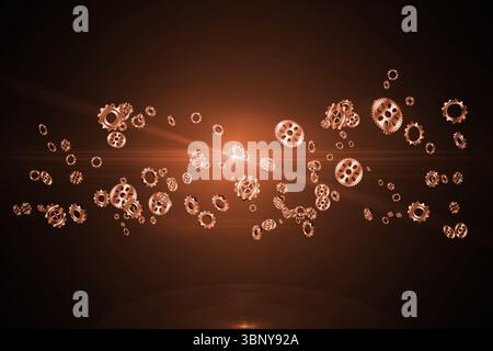 Metallische Zahnräder schweben im abstrakten digitalen 3D-Rendering mit warmem Linsenlicht auf braunem Verlauf Stockfoto