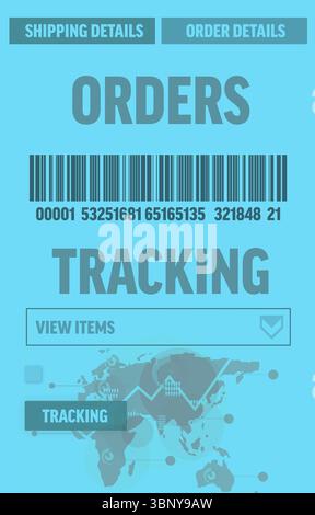 Das hellblaue Dashboard zur Auftragsverfolgung zeigt Registerkarten, Dropdown-Listen, Barcode und Weltkarte in flacher Bauweise an Stockfoto