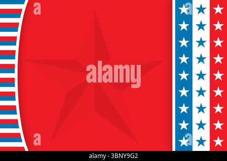 Patriotisches flaches Design mit rotem Panel und Sternensilhouette mit gestreiften und Sternenbändern Stockfoto