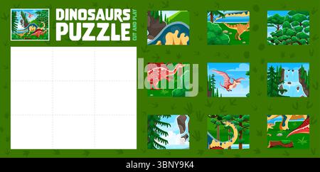 Kinder Tiere Puzzle-Logikspiel Quiz mit prähistorischen Dinosauriern. Cartoon-Arbeitsblatt mit Dino-Tieren und Dschungellandschaften. Vektorpädagogisches Aktivitätslayout mit Dinosauriern Stock Vektor