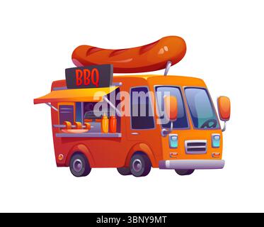 Cartoon bbq Food Truck Auto, Festival Street Foodtruck, Vintage Van mit einer riesigen Wurst oben. Cartoon Vektor Retro Fahrzeug verfügt über ein offenes Servicefenster mit Markise, Gewürzen und Kochbereich Stock Vektor