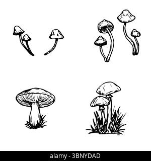 Wilde Pilze im Gras, eine Reihe von Silhouetten, eine Skizze in schwarz-weißer Tinte Vektor-Illustration. Herbstdekor, Fliegenpilz und Kissenhocker Stock Vektor