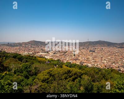 Panoramablick auf die Skyline von Barcelona, die sich bis zu den Bergen der Serra de Collserola erstreckt, vom Hügel Montjuic aus gesehen, Spanien. . Stockfoto
