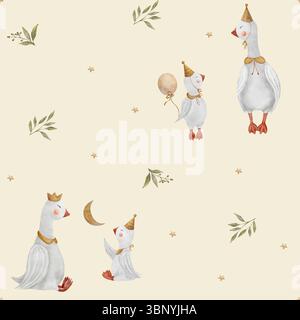 Muster Aquarell Illustration Gänse Sterne Mond in grünen Blättern, Beeren. Gänsehandzeichnung im Retro-Stil. Nahtloser Druck auf beigefarbenem Hintergrund für Stockfoto