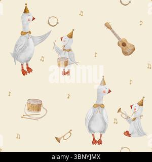 Gänsemusiker Aquarellmuster, Noten, Musikinstrumente Gitarre, Schlagzeug, Trompete. Handgezeichnete Abbildung. Nahtloser Aufdruck im Kinderstil Stockfoto