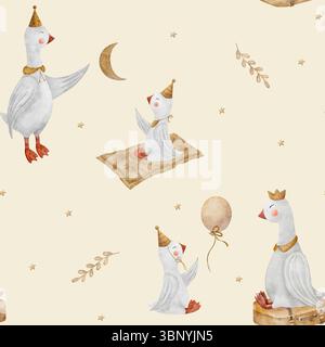 Muster Aquarell Illustration Gänse Familie, Baby fängt die Sterne Mond. Gänse im Vintage-Stil. Nahtloser Druck auf beigefarbenem Hintergrund für Stockfoto