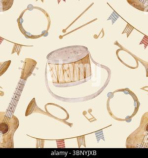 Musikinstrumente Aquarellmuster, Gitarre, Schlagzeug, Trompete, Noten. Handgezeichnete Abbildung. Nahtloser Aufdruck im Kinderstil auf beigefarbenem Hintergrund Stockfoto