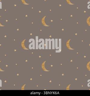 Beigefarbener Mond im Retro-Stil mit nahtlosem Muster zwischen braunen Sternen. Aquarellillustration handgezeichnet im Kinderstil Druck auf dunkelbraunem Hintergrund für Design Stockfoto