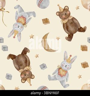 Muster Aquarell Illustration Tiere Hasenbär, Mondsterne, Ballon. Vintage-Spielzeug handgezeichnet im Kinderstil. Nahtloser Aufdruck auf Beige Stockfoto