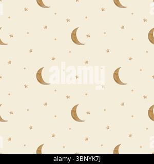 Beigefarbener Mond im Retro-Stil mit nahtlosem Muster zwischen braunen Sternen. Aquarellillustration handgezeichnet im Kinderstil, einfacher Druck auf beigefarbenem Hintergrund für Stockfoto