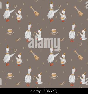 Gänsemusiker Aquarellmuster Noten Musikinstrumente Gitarre Trompete. Handgezeichnete Abbildung. Nahtloser Print für Kinder in Dunkelbraun Stockfoto