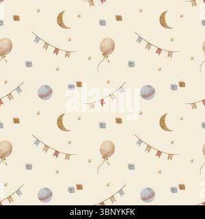Nahtlose Flaggengirlande, Holzwürfel im Ballon, beige Mondsterne. Aquarellillustration handgezeichnet im Kinderstil auf beigefarbenem Hintergrund Stockfoto