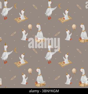 Nahtlose Muster Gänse Dad Mama Baby fängt Sterne Mond. Aquarellabbildung Gänse Hand gezeichnet im Kinderstil auf dunkelbraunem Hintergrund für die Stockfoto