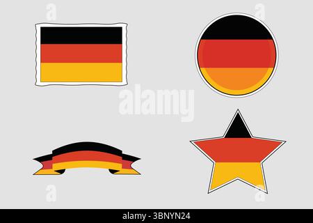 Set der deutschen Flagge. Symbol für die deutsche Flagge. Deutsches Flaggenabzeichen. Deutsche Flagge. Deutscher Flaggenstempel, Band. Deutsche Nationalfarben schwarz, rot und gelb. Stock Vektor