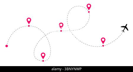 Flugstrecken-Set mit gepunktetem Reiseweg und Flugzeugverfolgungslinien, die gestrichelte Wege und globale Flugverbindungen für die Luftfahrt zeigen Stock Vektor