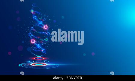 DNA hängt über einem digitalen virtuellen Podium. Illustration des DNA-Moleküls oder Wissenschaftshintergrund. Die virtuelle Projektion der Struktur der DNA Stock Vektor