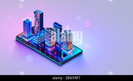 Isometrischer Plan der zukünftigen Stadt mit Straßen und Gebäuden auf dem Telefonbildschirm. Das isometrische Konzept einer intelligenten Stadt. 3D-Vektor. Mobile App für die Stadt Stock Vektor