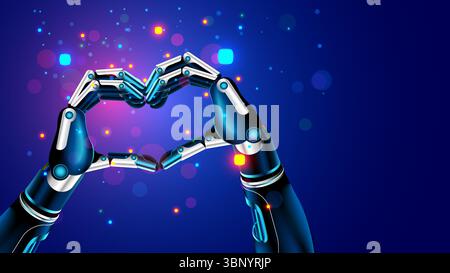 Ein Cyborg oder Roboter macht eine Herzgeste mit seinen Händen. Die Hände des humanoiden Roboters sind in einer herzförmigen Nahaufnahme gefaltet. Künstliche Intelligenz Stock Vektor