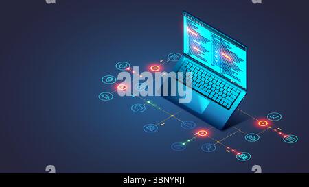 Software, Webentwicklung, Programmierkonzept. Abstrakte Programmiersprache und Programmcode auf dem Bildschirm-Laptop. Laptop und Symbole der Programmierung Stock Vektor