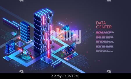 Ein Rechenzentrum mit KI-Servern. Die Computer der Benutzer sind über das Internet mit einem Rechenzentrum mit Servern für künstliche Intelligenz und Cloud-Daten verbunden Stock Vektor
