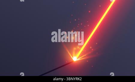 Ein roter Laserstrahl schneidet Metall in Nahaufnahme. Der orangefarbene Plasmastrahl der Schweißmaschine trifft auf Funken aus Metall. Vektorvorlage eines Laserstrahls mit Stock Vektor